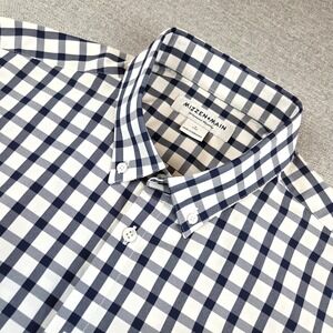 Mizzen & Main Short Sleeve Shirt Men's Large Trim Fit Stretch Blue/White Check